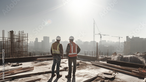 Construction technician, construction supervisor Architect standing on top of building overseeing work, construction buildings. raw construction site.