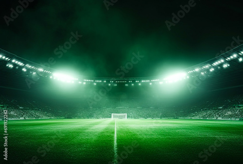 Soccer field green grass background, spotlights shining. For art texture, presentation design or web design and web background.