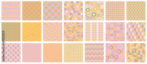Fototapeta Naklejka Na Ścianę i Meble -  Collection of bright vector seamless colorful patterns - vintage design. Trendy retro mosaic backgrounds, fashion style 60 - 70s. Simple unusual creative prints