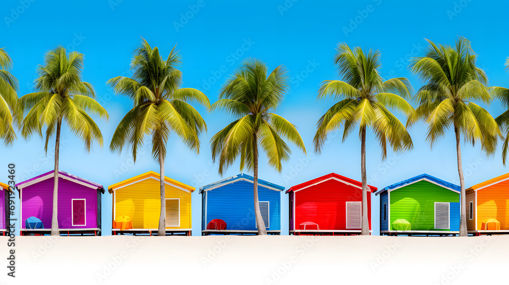 Colorful Beach Huts with Palm Trees on Tropical Shore