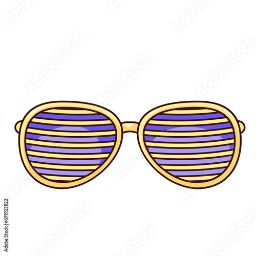Groovy cartoon sunglasses with yellow and purple lines on glass. Funny eyewear with horizontal stripe, retro cartoon accessory with hippie vibe, sunglasses sticker of 60s 70s style vector illustration