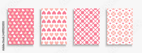 Set of holiday greeting postcards, posters, invitation with cute hearts print. Stylish covers, templates, placards, brochures, banners, flyers - 14 February romantic patterns for Valentine day