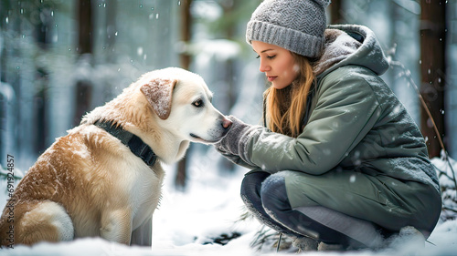 Blonde woman in winter, caressing dog. © Rafael Alejandro