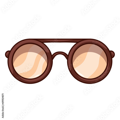 Groovy cartoon sunglasses with circle brown frames. Funny retro fashion accessory, stylish vintage eyewear of hippie or hipster, round sunglasses cartoon sticker of 60s 70s style vector illustration