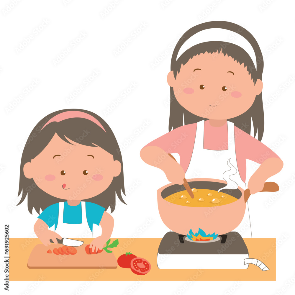 Clipart of a young mother cooking meal together with daughter isolated on white background for greeting card, sticker, printing textile, etc. Happy Mother’s Day. Vector file Clipart of a young mother cooking meal together with daughter isolated on white background for greeting card, sticker, printing textile, etc. Happy Mother’s Day. Vector file