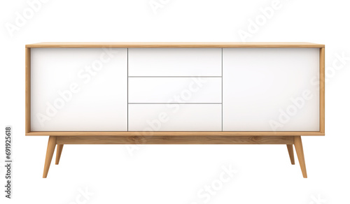 Scandinavian-inspired sideboard with white doors, wooden frame, offering sleek and minimalist look ideal for modern homes, on transparent background. Cut out furniture. Front view photo