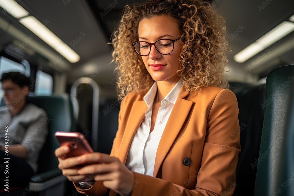 Connected Commute Professional Woman in Eyeglasses Seamlessly Tapping into Digital Connectivity with Smartphone, Embracing Modern Transportation Dynamics. created with Generative AI Connected Commute Professional Woman in Eyeglasses Seamlessly Tapping into Digital Connectivity with Smartphone, Embracing Modern Transportation Dynamics. created with Generative AI