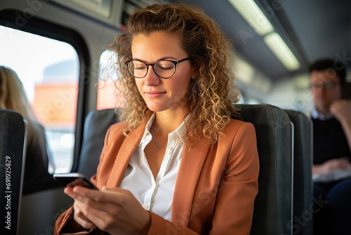 Connected Commute Professional Woman in Eyeglasses Seamlessly Tapping into Digital Connectivity with Smartphone, Embracing Modern Transportation Dynamics. created with Generative AI