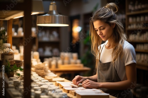 Crafted Ambition Focused Young Woman at Rustic Wooden Counter, Illuminating Artisanal Shop, Showcasing Dedication in a Modern Small Business Setting. created with Generative AI