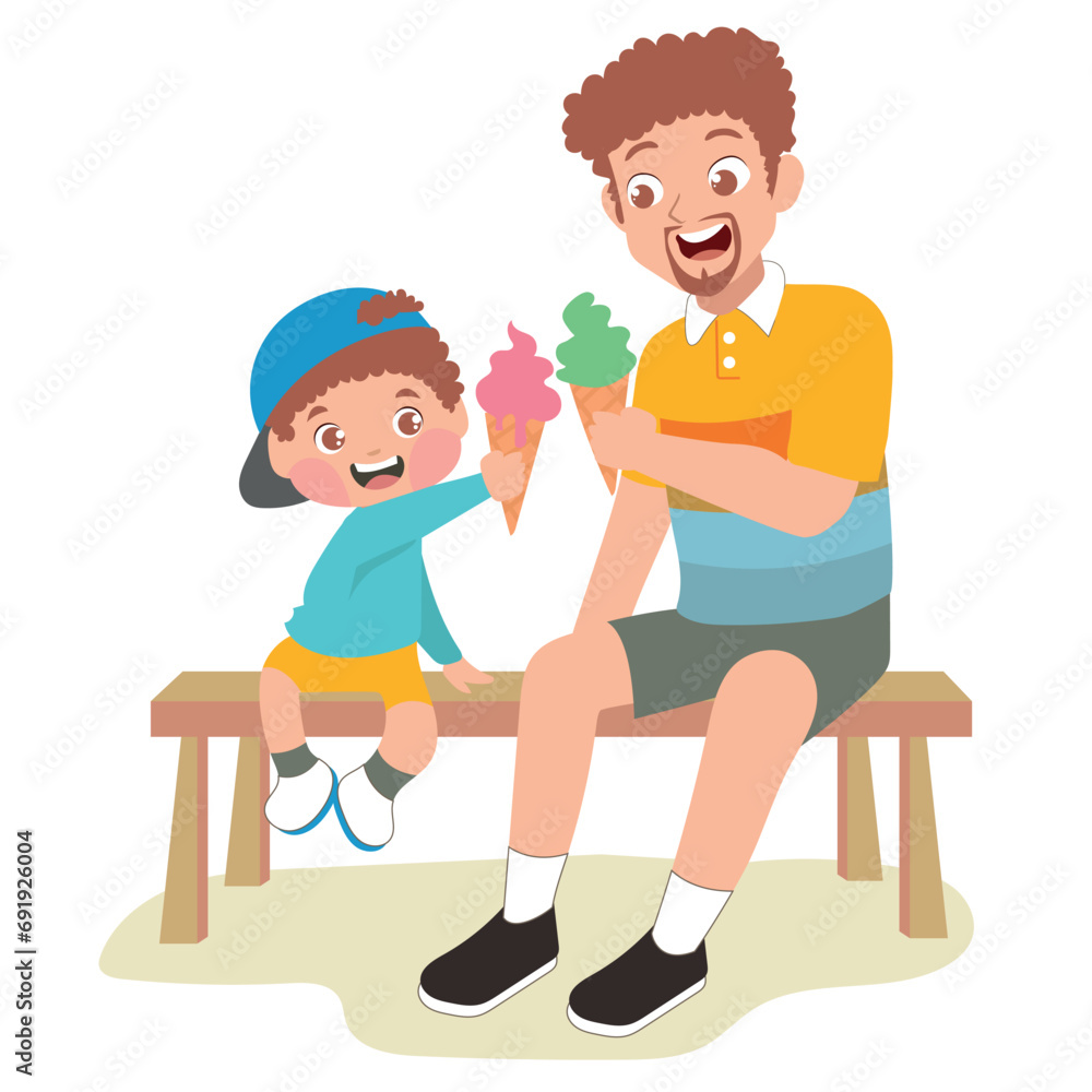 Clipart of a young father sitting on a bench and eating ice cream with son isolated on white background for greeting card, sticker, printing textile, etc. Happy Father’s Day. Vector file
