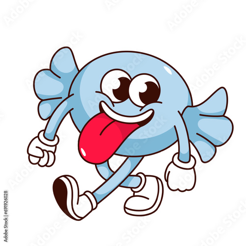 Groovy candy cartoon character with sticking tongue. Funny walking lollipop in blue wrapper, retro cartoon candy mascot and sticker of 70s 80s, comic wrapped cough drop emoji vector illustration
