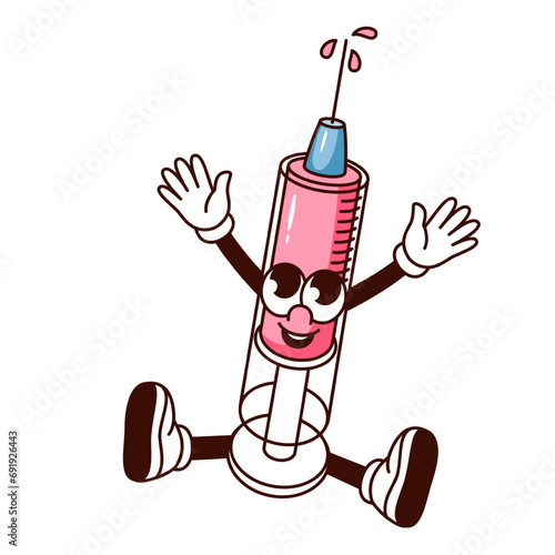Groovy syringe cartoon character with vaccine. Funny plastic syringe with needle to inject medicine, retro cartoon medical injection mascot with happy face, sticker of 70s 80s vector illustration