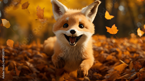 A cute fox runs in leaf fall through autumn leaves