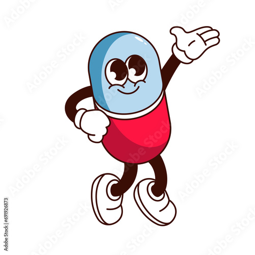 Groovy pill cartoon character with happy face. Funny capsule of vitamin, antibiotic or painkiller pill walking. Retro medicine and pharmacy cartoon mascot, sticker of 70s 80s vector illustration