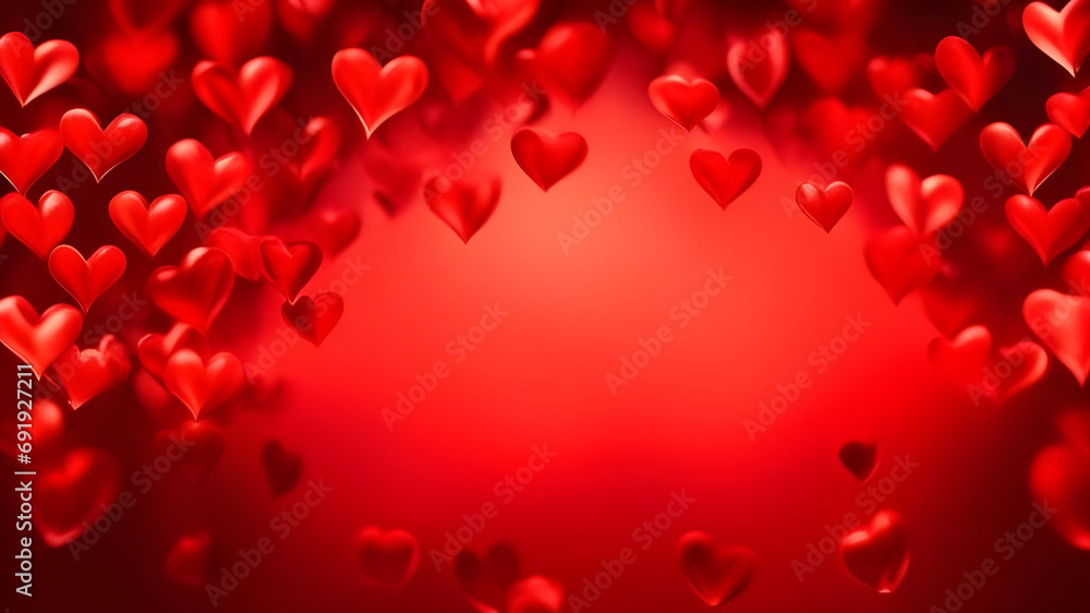 Decor for Valentine's Day. Banner background. Red hearts falling from above with free space at the bottom for an inscription on a red background, background wallpaper