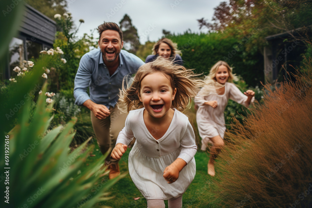 A man and two children running through a garden. Happy family is playing in the backyard. - obrazy, fototapety, plakaty 