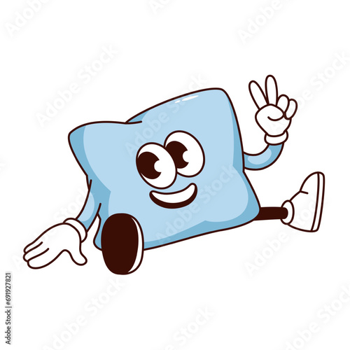 Groovy pillow cartoon character with V fingers gesture. Funny blue cushion to sleep in bed and relax, emoji with funny face sitting. Retro cartoon pillow mascot, sticker of 70s 80s vector illustration