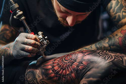 A man tattoo artist getting a tattoo on client's back. photo
