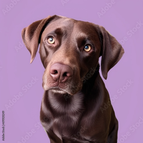 Brown Labrador retriever with drooping ears, mature dog, lilac color studio background © Denis