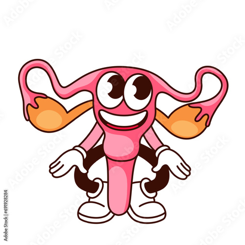 Groovy uterus cartoon character. Funny healthy female reproductive organ with happy face, retro cartoon uterus mascot, body anatomy and education sticker of 70s 80s style vector illustration