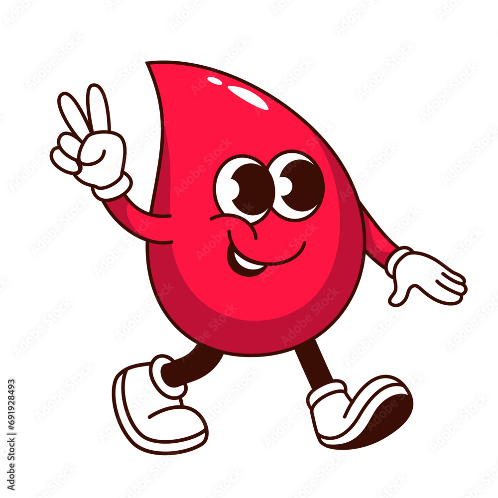 Groovy blood drop cartoon character with V fingers. Funny healthy red droplet walking with peace and love sign to donate blood, retro cartoon donation mascot, sticker of 70s 80s vector illustration - obrazy, fototapety, plakaty 