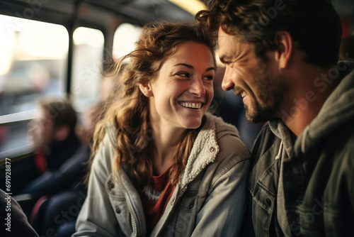 A man and a woman sitting on a bus and showing love between each other. photo