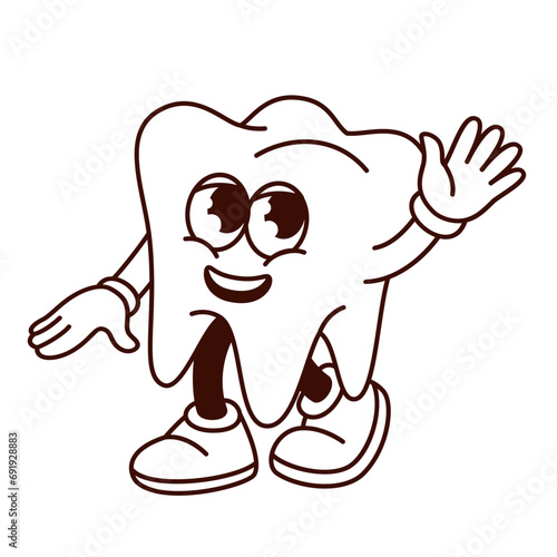 Groovy tooth cartoon character waving hand. Funny healthy white molar tooth walking with happy face, retro cartoon teeth mascot, dentistry and dental care sticker of 70s 80s vector illustration
