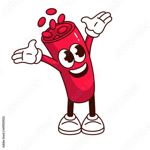Groovy artery with blood cells cartoon character. Funny blood vessel with hands up and happy expression, retro human cardiovascular system cartoon mascot, sticker of 70s 80s vector illustration