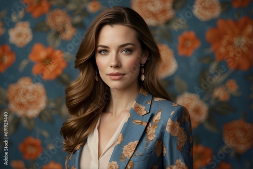 portrait of a beautiful girl, business woman with floral background	
