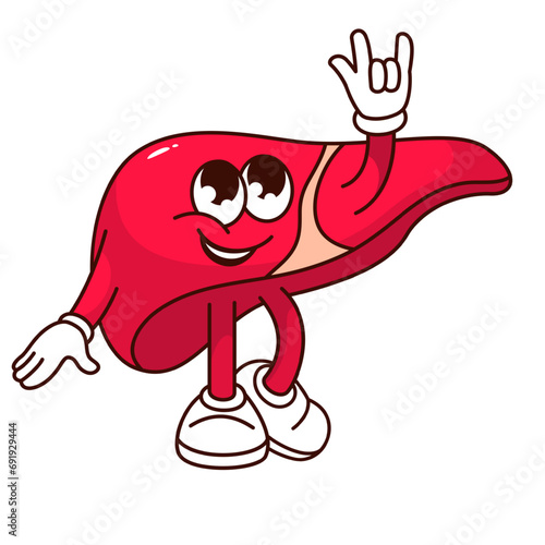 Groovy liver cartoon character with rock horns fingers. Funny healthy internal organ of digestive system, cheerful retro liver cartoon mascot, hepatology sticker of 70s 80s vector illustration