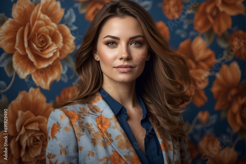 portrait of a beautiful girl, business woman with floral background	
