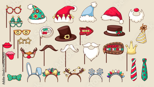 Christmas photo booth props set vector illustration. Cartoon isolated Xmas accessory and costume collection with masks and headbands, reindeer antlers and star glasses, moustache and nose of Santa