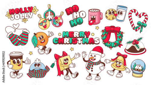 Groovy Merry Christmas and Happy New Year cartoon stickers set. Funny retro Snowmen and Christmas wreath and gifts. Xmas cartoon mascots of 70s 80s vector illustration