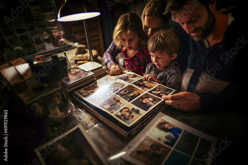 Family is looking at photo album with pictures on a table.