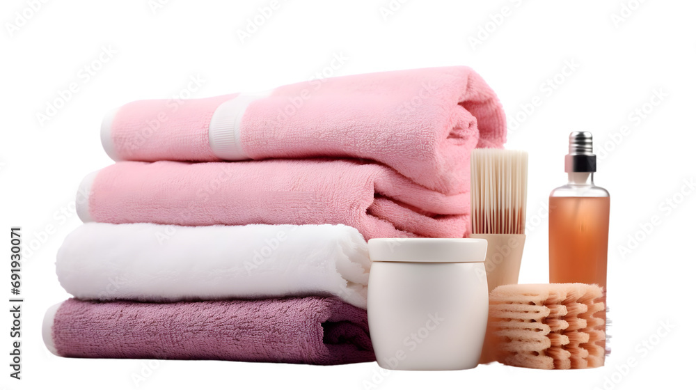 Stack of towels, cosmetics, loofah and brushes isolated on white background. Generative AI. Stack of towels, cosmetics, loofah and brushes isolated on white background. Generative AI.