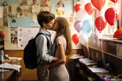 A boy and a girl kissing in a classroom. photo