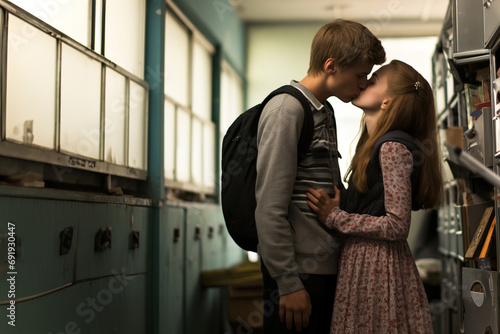 A boy and a girl kissing in a school hallway. photo