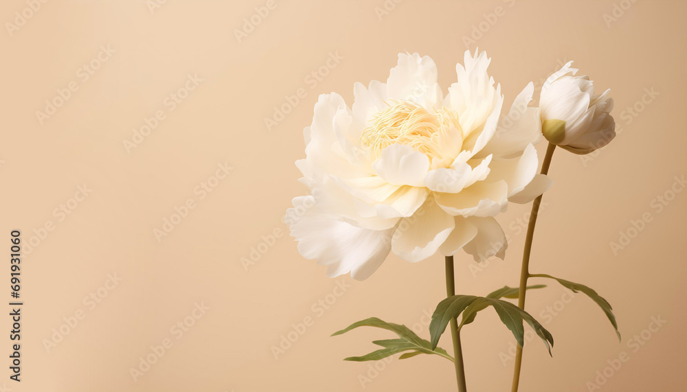 Fototapeta premium White peony flower on a beige wall. Minimal stylish flower arrangement still life. Banner with copy space.