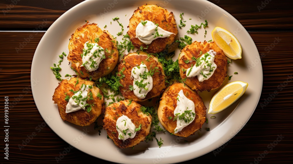 Top View of Crab Cakes with Remoulade Sauce