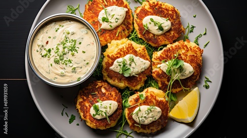 Top View of Crab Cakes with Remoulade Sauce
