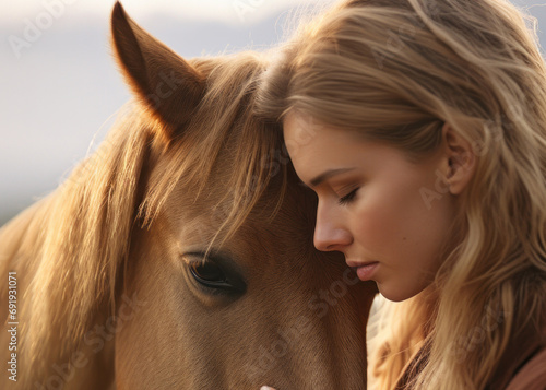 Close up photo of a blonde girl touching a horse in an open field. The horse, an emotional support animal, stands calmly, enjoying the care, background with copy space