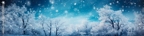Winter landscape with snow covered trees and blue sky. Christmas banner. © Anastasia Boiko