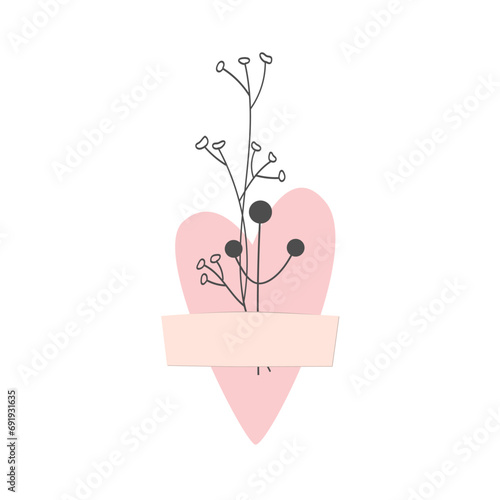 Heart taped with dried plants isolated on white background. Healed heart concept. Vector illustration