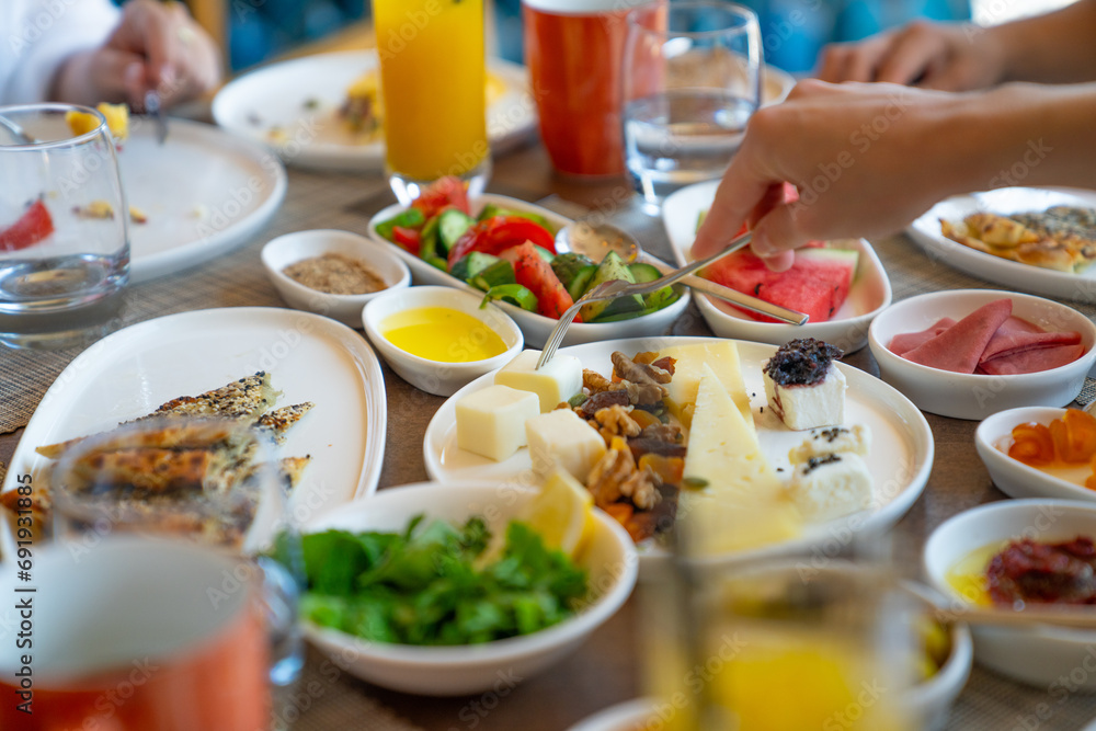 Traditional delicious Turkish breakfast, food concept photo.