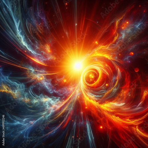 The intensity of a solar flare through abstract imagery, using vibrant colors and dynamic shapes to convey the energy and power of the sun