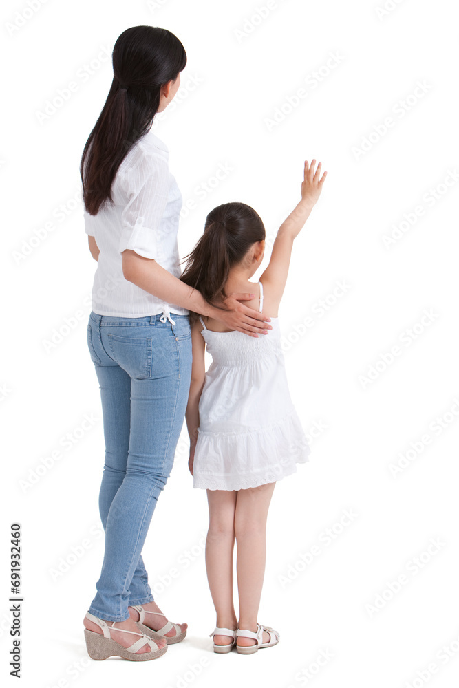 Mother and daughter waving to the front Mother and daughter waving to the front