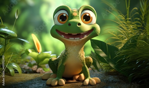 A happy reptile mascotte animal in a jungle