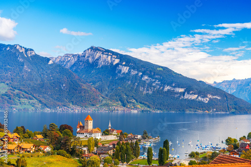 Spiez, Switzerland with the castle on lake Thun. photo