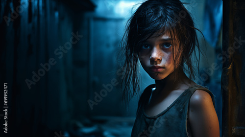 Ritratto di una bambina in condizioni di disagio e trascuratezza photo