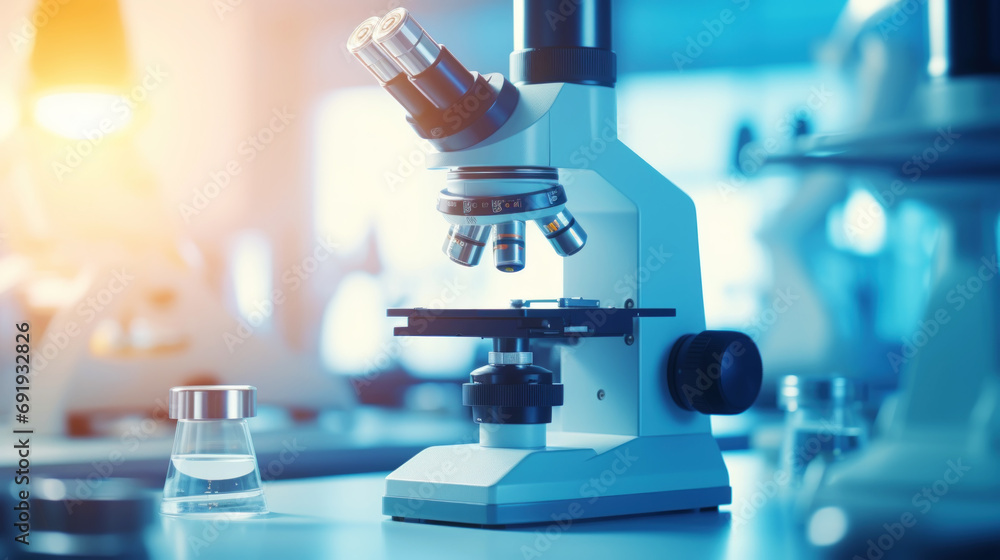 Close-up of microscope with metal lens at modern scientific laboratory backdrop. Medical research concept Generative AI Close-up of microscope with metal lens at modern scientific laboratory backdrop. Medical research concept Generative AI